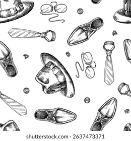 Seamless men s-themed pattern. A man s hat, boots, and tie. Handmade vector illustration. Black and white image. For textiles, printing, wrapping paper, packaging and more.