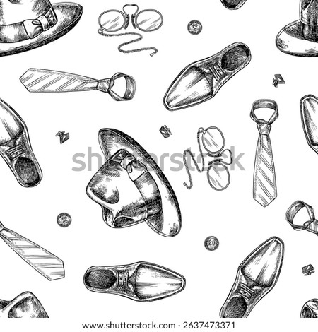 Seamless men s-themed pattern. A man s hat, boots, and tie. Handmade vector illustration. Black and white image. For textiles, printing, wrapping paper, packaging and more.