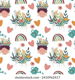 Seamless mental health pattern. Flowers, character, watering can, water and hearts. Beautiful spring composition about self-care