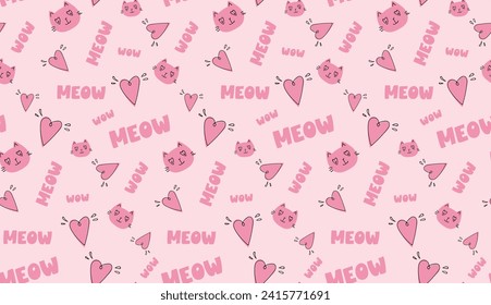 Seamless Meow pattern. Cats and hearts ornament for wrapping paper, textile, fabric. Kitten face print. Valentine's day patterns