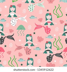 Seamless mermaid childish drawing pattern with cute mermaids and marine animals for baby and kids fashion vector illustration