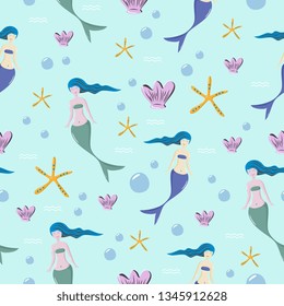 Seamless mermaid childish drawing pattern with cute mermaids and marine animals for baby and kids fashion vector illustration