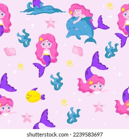 Seamless mermaid pattern in cartoon style