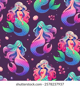 Seamless Mermaid Pattern with Colorful Tails and Seashells. Cute Mermaid Illustration with Ocean-Themed Elements. Hand-Drawn Mermaid Pattern on Dark Background