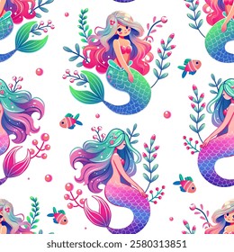 Seamless Mermaid Pattern with Colorful Tails and Seashells. Cute Mermaid Illustration with Ocean-Themed Elements. Hand-Drawn Mermaid Pattern on Dark Background