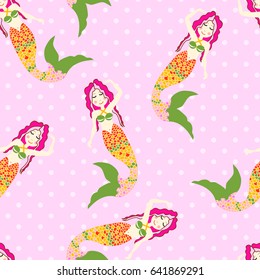 Seamless mermaid pattern with polka dot background. Whimsical pattern kids style for fabric, wallpapers...