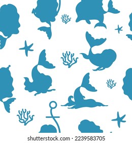 Seamless mermaid pattern and underwater world silhouette. Vector