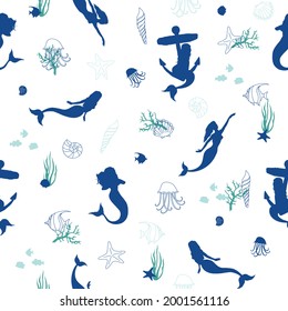 Patrón de sirena sin foco. Fondo marino vectorial. patrón con hermosas siluetas elegantes, silueta