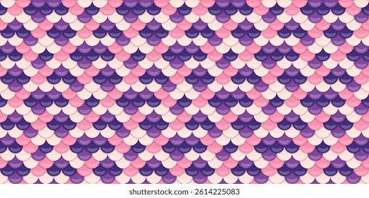 Seamless mermaid scales pattern in pink and purple.  Perfect for textile design,  wrapping paper, or whimsical backgrounds.  Elegant, playful, and versatile design.