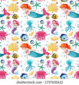 Seamless mermaid and sea animal cartoon character on white background illustration
