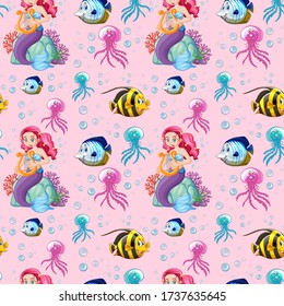 Seamless mermaid and sea animal cartoon style on pink background illustration