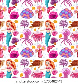 Seamless mermaid and sea animal cartoon on white background illustration