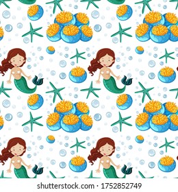 Seamless mermaid and sea animal cartoon style  illustration