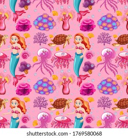 Seamless mermaid and sea animal cartoon character on pink background illustration