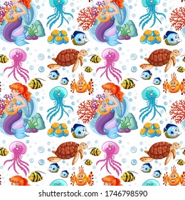 Seamless mermaid and sea animals on white background illustration