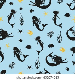 Seamless mermaid silhouettes pattern. Vector marine background.