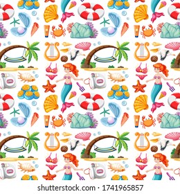 Seamless mermaid and summer icon cartoon character on white background illustration