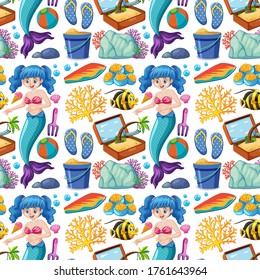 Seamless mermaid and summer icon cartoon character on white background illustration