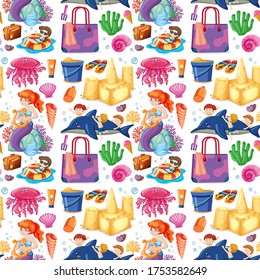 Seamless mermaid and summer vacation icon cartoon style on white background illustration