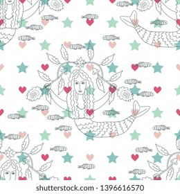 Seamless mermaids pattern with stars and hearts overlay