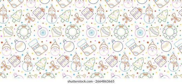 Padrão geométrico de Natal alegre e sem emenda com símbolos coloridos de feriados e confetes para decoração festiva. Vetor