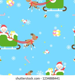 seamless merry christmas and happy new year with cute santa claus,reindeer,gift present,sock,snowflake in winter season repeat pattern in blue background flat vector illustration cartoon character