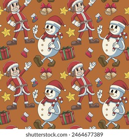 Seamless Merry Christmas Happy New Year Pattern Cute Cartoon Retro Vector Illustration Style with Snowman Santa Claus Gift Star Ring Bells Character pattern set for fabric, linen, textiles and wallpap