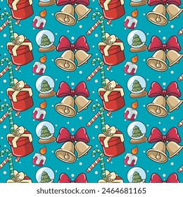 Seamless Merry Christmas Happy New Year Pattern Cute Cartoon Retro Vector Illustration Style Ring Bells Candy Cane Candle Gift Boxes Decoration pattern set for fabric, linen, textiles and wallpaper