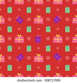 Seamless merry christmas and new year pattern with gift box and snowflakes. Vector background.