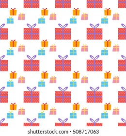 Seamless merry christmas and new year pattern with gift box and snowflakes. Vector background.