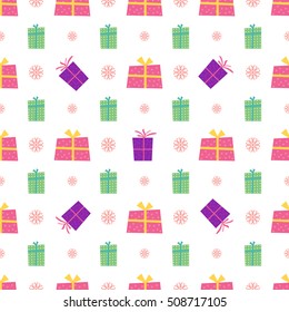 Seamless merry christmas and new year pattern with gift box and snowflakes. Vector background.