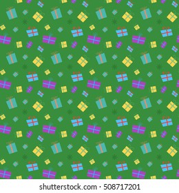 Seamless merry christmas and new year pattern with gift box and snowflakes. Vector background.
