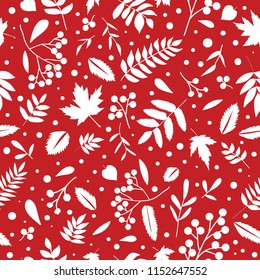 Seamless Merry Christmas pattern with branches, berries and leaves. Vector simple winter minimalist seamless pattern. Design for invitations, textile, wallpapers and wrapping paper.