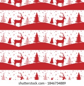 Seamless Merry Christmas pattern with deers, winter abstraction. Forest background. Endless horizontal banner with Reindeers in snow. Hand drawn paper decorative elements, vector illustration. eps 10