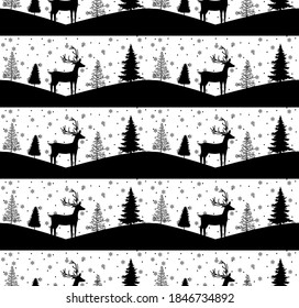 Nahtlose Frohe Weihnachtsmuster mit Hirschen, Winterabstraktion. Waldhintergrund. Endloses horizontales Banner mit Rentieren im Schnee. Handgezeichnete Papierdekorationselemente, Vektorgrafik. eps10