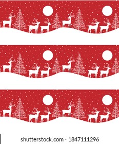 Seamless Merry Christmas pattern with deers, winter abstraction. Forest background. Endless horizontal banner with Reindeers in snow. Hand drawn paper decorative elements, vector illustration. eps 10