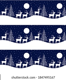 Seamless Merry Christmas pattern with deers, winter abstraction. Forest background. Endless horizontal banner with Reindeers in snow. Hand drawn paper decorative elements, vector illustration. eps 10
