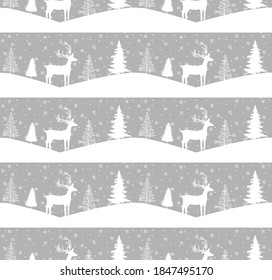 Seamless Merry Christmas pattern with deers, winter abstraction. Forest background. Endless horizontal banner with Reindeers in snow. Hand drawn paper decorative elements, vector illustration. eps 10