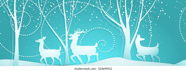 Seamless Merry Christmas pattern with deers, winter abstraction. Forest background. Endless horizontal banner with Reindeers in snow. Hand drawn paper decorative elements, vector illustration.