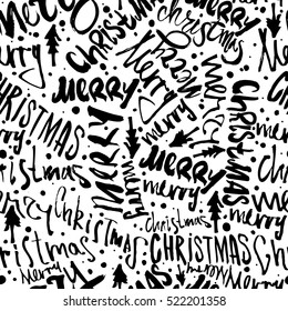 Seamless Merry Christmas pattern. Festive Happy New Year lettering design. Vector youth contemporary illustration