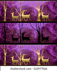Seamless Merry Christmas pattern with gold deers, winter abstraction. Forest background. Endless horizontal banner with Reindeers in snow. Hand drawn paper decorative elements, vector illustration.