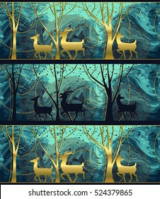Seamless Merry Christmas pattern with gold deers, winter abstraction. Forest background. Endless horizontal banner with Reindeers in snow. Hand drawn paper decorative elements, vector illustration.