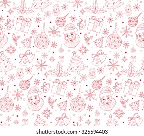 Seamless Merry Christmas Pattern of Line Drawings with Xmas Elements. Continuous Vector Illustration
