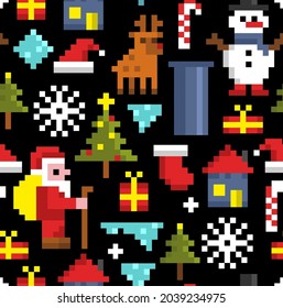 Seamless merry christmas pattern with pixel cartoon characters. Vector endless illustration.