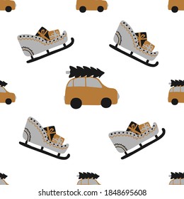 Seamless Merry Christmas pattern of repeating elements - a gold car carries a spruce on the roof and a holiday sleigh with gifts. Vector illustration in scandinavian style of hand drawing. For print