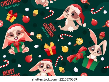 Seamless Merry Christmas patterns with cute rabbit character in Santa hat. New Year repeat pattern for decor, textile, wrapping paper, christmas gifts. Vector cartoon illustration