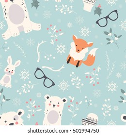 Seamless Merry Christmas patterns with cute polar animals, bears, rabbits, vector illustration