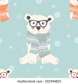 Seamless Merry Christmas patterns with cute polar bear animals, vector illustration