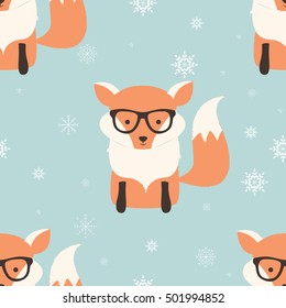 Seamless Merry Christmas patterns with cute hipster fox, vector illustration