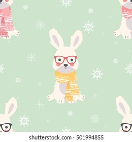 Seamless Merry Christmas patterns with cute polar rabbit animals, vector illustration